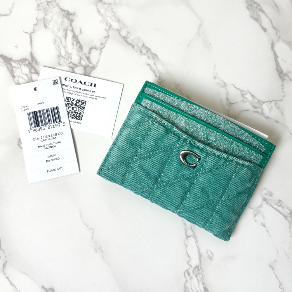 New Coach Quilted Denim Card Case Mini Wallet Holder Green - Picture 2 of 8